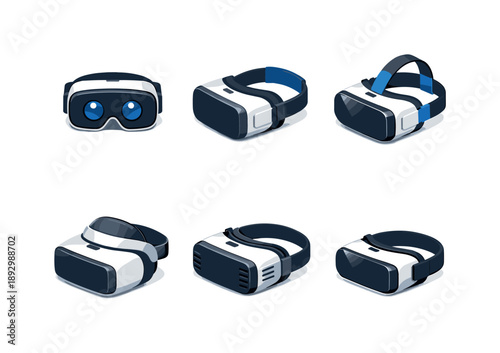 Virtual Reality Icons Grid. Virtual Reality. Isometric flat vector icons set of Virtual Reality: VR headset front view, VR headset side view, VR headset with