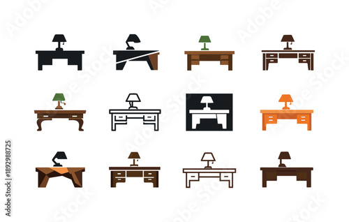 Writing Desk Logo Varieties. Writing desk. Icon set. Set Logo of writing desk: wooden desk with classic lamp. harmonious logo variations of the same emblematic