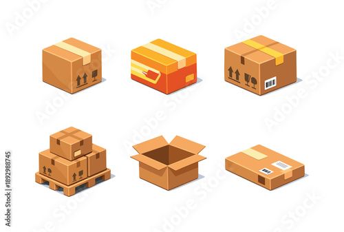 Shipping Icons Grid. Shipping. Isometric flat vector icons set of Shipping: delivery cardboard box, express parcel box, logistics shipping carton, warehouse