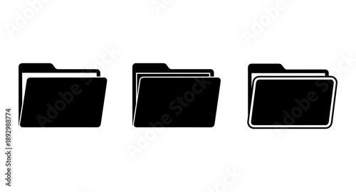 Set of three black folder icons representing document organization and data storage