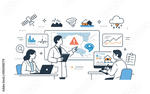 Scientific Disaster Planning. The role of science in disaster management and preparedness. Scientists analyzing data dashboards and maps, predicting natural