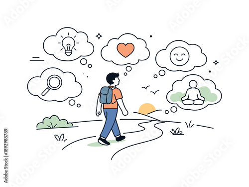 Path of Curiosity. Self-discovery journey. A person walking along a winding path in nature, looking ahead with curiosity, gentle icons of thoughts and emotions
