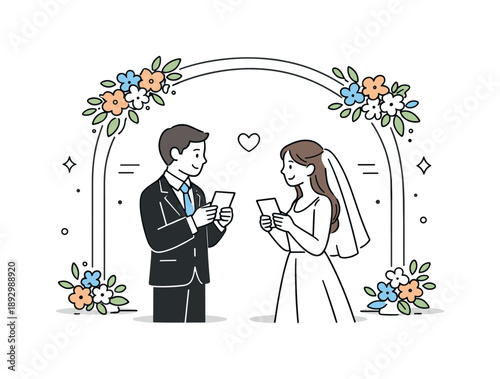 Minimalist Wedding Vows. Wedding celebration ceremony. Couple exchanging vows under a simple arch with light floral elements. Calm romance and meaningful