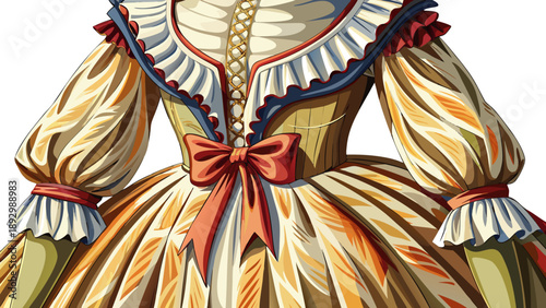 Very beautiful close-up of a classic New England colonial women’s dress with structured fabric and subtle detailing, isolated on white background, reflecting early American historical fashion.