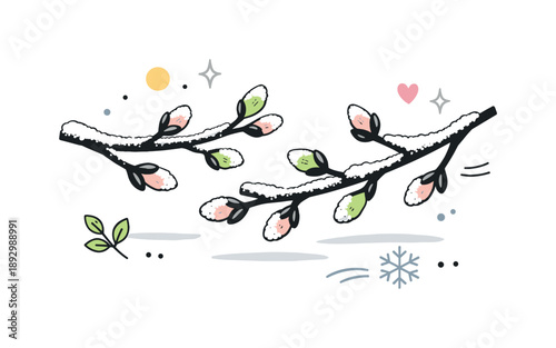 Frosty Budding Branches. Frozen branches with buds editorial scene. Clean branch silhouettes with frost textures and gentle budding, expressing quiet growth