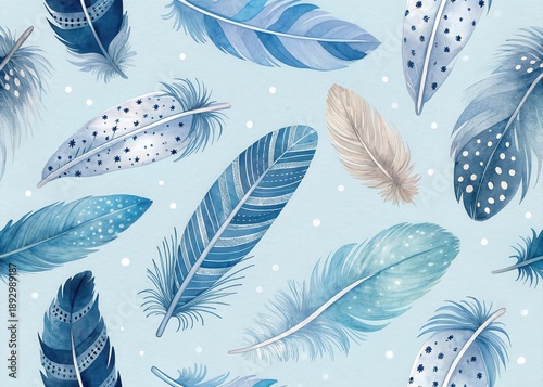 Watercolor seamless pattern of blue and beige feathers with white speckles on a light blue background, peaceful and serene