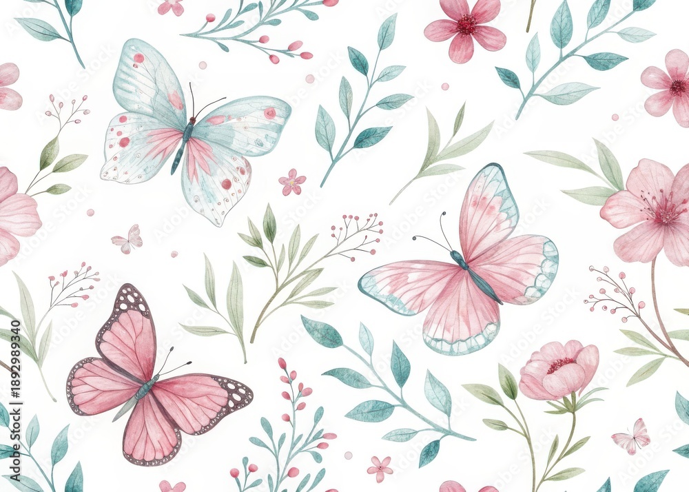 Fototapeta premium Delicate watercolor seamless pattern of pink and blue butterflies and soft pink flowers on a white background, capturing springtime beauty