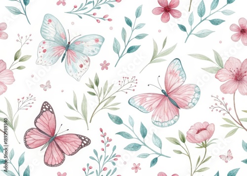 Delicate watercolor seamless pattern of pink and blue butterflies and soft pink flowers on a white background, capturing springtime beauty