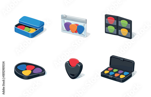 Pick Storage Icons. Pick Storage. Isometric flat vector icons set of Pick Storage: pick tin box, clear pick pouch, pick wallet insert, desktop pick tray,