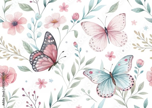 Elegant watercolor seamless pattern of pink and aqua butterflies amidst delicate foliage and small pink flowers on a white background