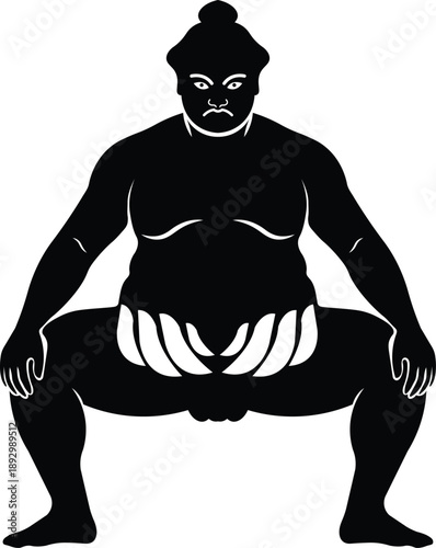 Powerful black silhouette of a sumo wrestler in a traditional squatting stance