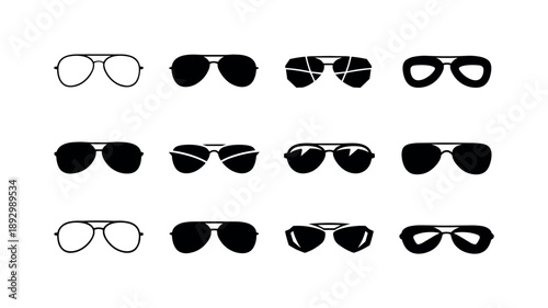 Sunglasses Logo Variations. Sunglasses. Icon set. Set Logo of Sunglasses: classic aviator shades front view. harmonious logo variations of the same emblematic