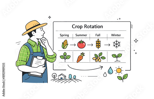 Crop Rotation Planning. Crop rotation concept. Farmer reviewing field plan with simple diagrams showing rotating crops across seasons. Thoughtful and