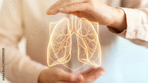 Person holding holographic image of lungs in healthcare concept  