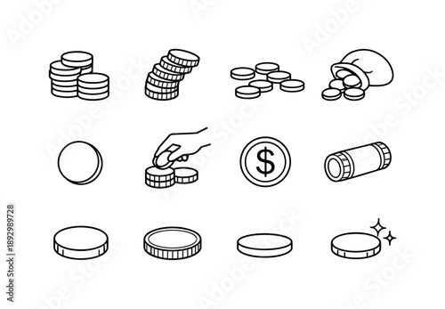Coin Icon Lineart. Coin Pile Stack. Line icon set of Coin Pile Stack: stacked coins, leaning coin tower, scattered coins around, coin bag tipped, single coin,