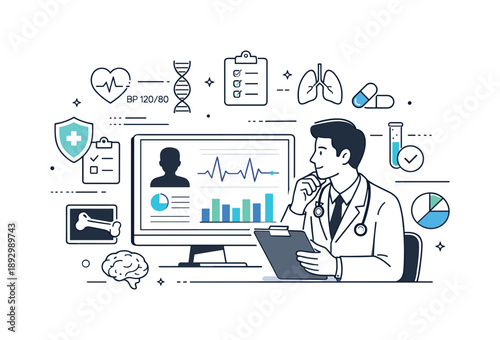 AI Healthcare Analysis. AI-powered healthcare analysis. Medical data charts and icons appear around a calm professional reviewing insights on a screen. The