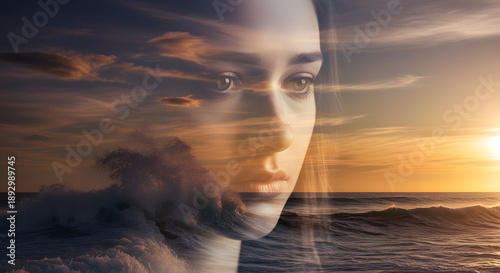 Emotional Portrait Blended with Ocean Waves and Sky Textures, Rich Color Grading, Artistic Digital Concept