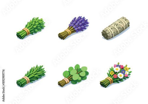 Herbal Bundle Icons. Herbal Bundles. Isometric flat vector icons set of Herbal Bundles: tied herb bundle, dried lavender bunch, sage smudge stick, rosemary