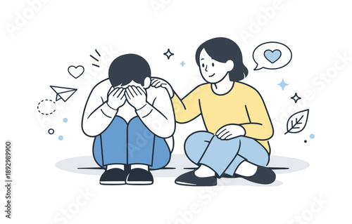 Supportive Connection. Mental health awareness. A supportive figure offering help and presence to someone in need. Calm reassurance and human connection