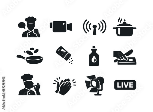 Live Cooking Icons. Live Cooking Show. Solid icon set of Live Cooking Show: chef speaking, live camera icon, broadcast signal waves, cooking pot, skillet flip,