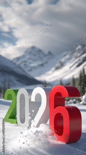 Snowy mountain landscape with the year 2026 displayed in green, white, and red colors. Represents Italy and winter sports competitions.