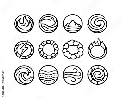 Elemental Harmony Circle Icons. Sacred circle. Line icon set of elemental harmony circles: fire swirl, water flow ring, earth mound circle, air swirl loop,