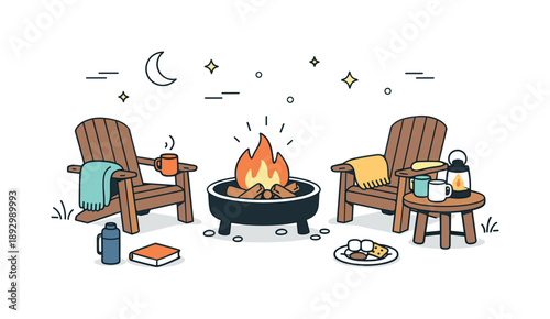 Cozy Evening Retreat. Outdoor evening comfort. Chairs, a fire pit, and small accessories like mugs and blankets arranged neatly, ready for sitting