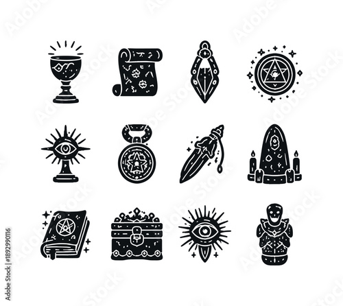 Mystic Relics Icons. Mystic relics. Solid icon set of Mystic relics: glowing chalice, ancient scroll, gemstone talisman, arcane symbol, sacred object, divine