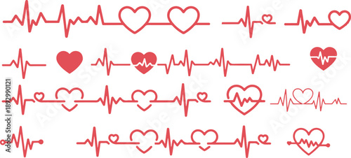 Red heartbeat line collection with heart symbol, cardiology, medical pulse, ECG, EKG design, healthcare clipart vector illustration, health monitoring, digital heartbeat graphics