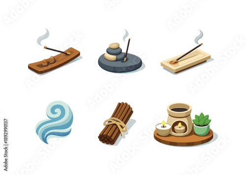 Zen Icon Grid. Zen Decor. Isometric flat vector icons set of Zen Decor: incense stick arrangement, stone incense holder, minimal incense tray, calm smoke