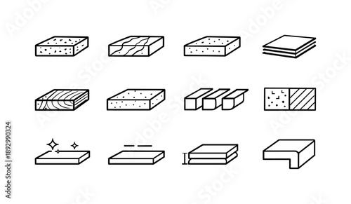 Countertop Icon Set. Countertop Materials. Line icon set of Countertop Materials: granite slab, marble slab, quartz surface, laminate sheet, wood countertop,