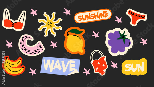 Colorful summer stickers featuring fruit snacks, ice cream and beach energy. Trendy doodle illustrations as stickers, patches, labels in y2k style.
