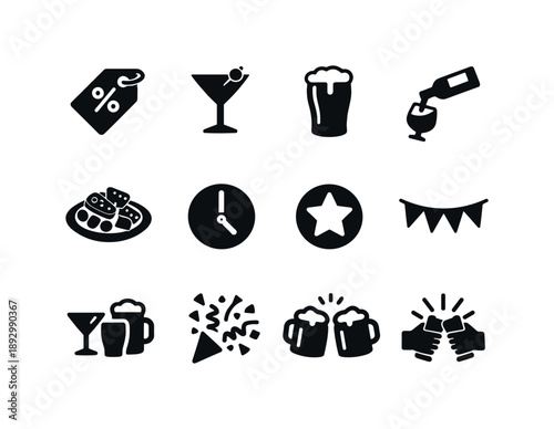 Happy Hour Icons. Happy hour specials. Solid icon set of happy hour specials: discounted drink tag, cocktail glass, beer pint, wine pour, snack plate, clock