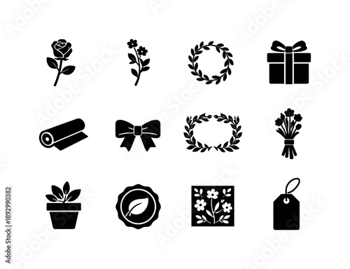 Floral Icon Set. Floral Package Design. Solid icon set of Floral Package Design: rose flower, wildflower stem, leaf wreath, gift box, paper wrap roll, ribbon