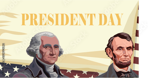 Illustration of George Washington and Abraham Lincoln with American flag background representing Presidents Day in the United States