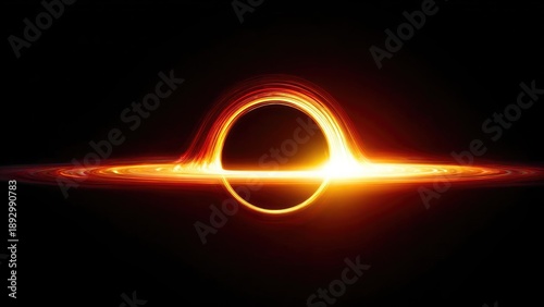 A glowing accretion disk around a black hole, with a bright orange photon ring against a dark background. Concept Black hole, Accretion disk glow, Orange photon ring, Dark background