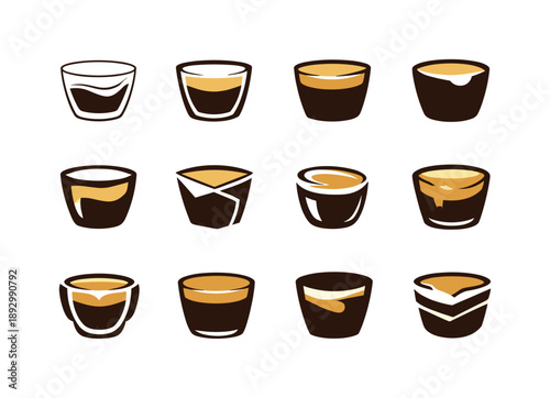 Espresso Logo Variations. Espresso shots. Icon set. Set Logo of espresso shots: crema layer surface. harmonious logo variations of the same emblematic concept,