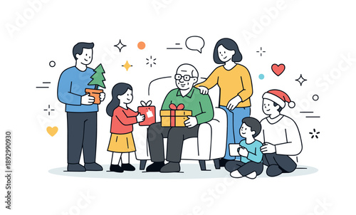 Holiday Family Visit. Visiting elderly during holidays. Family members visiting an elderly person at home, bringing small gifts and spending time together.