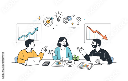 Team Analyzing Trends. Predictive analytics. A small team discussing future scenarios while pointing at upward and downward charts, calm collaboration around