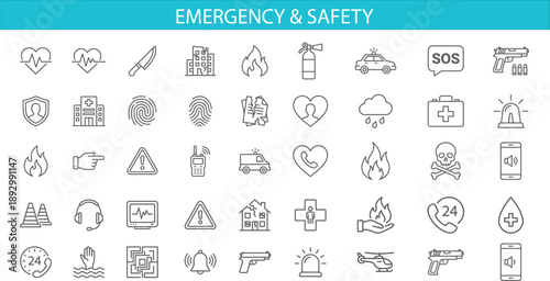 Emergency and safety line icons set featuring medical, police, fire, rescue, warning, SOS, disaster response symbols for mobile apps, websites, UI design, infographics, and public safety systems.
