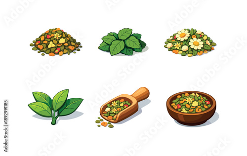 Herbal Tea Icons. Herbal Tea Leaves. Isometric flat vector icons set of Herbal Tea Leaves: loose herbal tea pile, dried mint leaves, chamomile flowers blend,