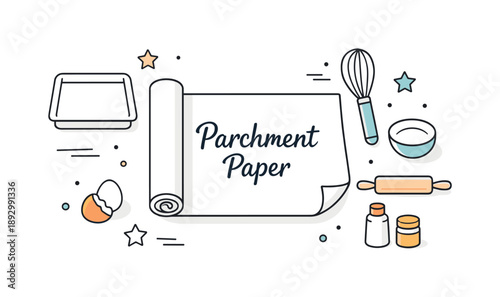 Minimalist Baking Essentials. Baking essentials. Parchment paper shown with simple baking tools like a tray outline or whisk icon. Neutral tones, clarity, and