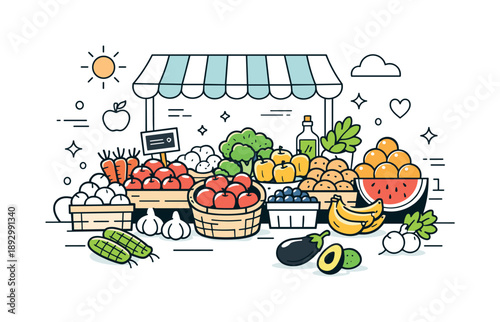 Abundant Market Display. Farmers market produce. Fresh fruits and vegetables neatly arranged on a market table, conveying abundance and natural variety. Calm,