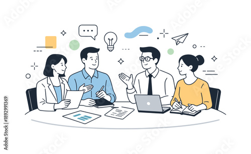 Collaborative Business Meeting. Business meeting. Professionals sitting around a table, exchanging ideas and documents in a calm and focused discussion. Clear