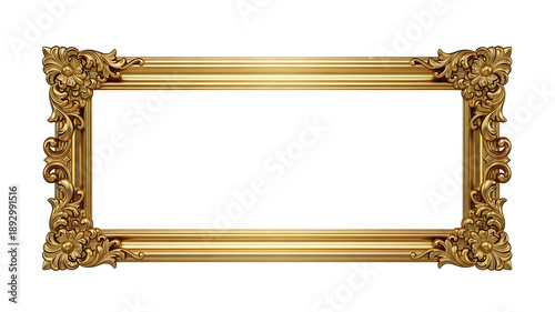 An ornate gilded rectangular frame with detailed floral embellishments on transparent background