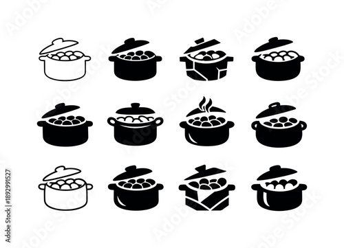 Cooked Beans Icons. cooked beans. Icon set. Set Logo of cooked beans: bean pot. harmonious logo variations of the same emblematic concept, each with different