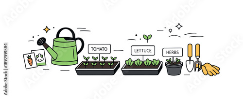 Spring Garden Preparation. Early spring garden preparation scene. A tidy garden space with seedlings, labeled markers, and a watering can placed neatly,