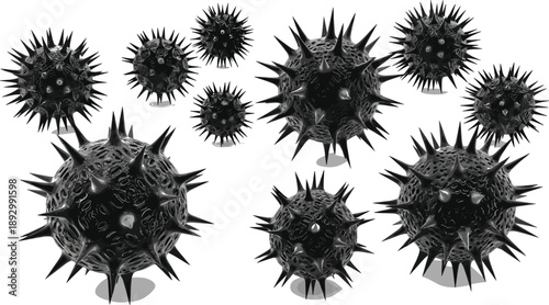 Vector illustration of spiky spherical virus-like shapes with textured surface and sharp protrusions on white background