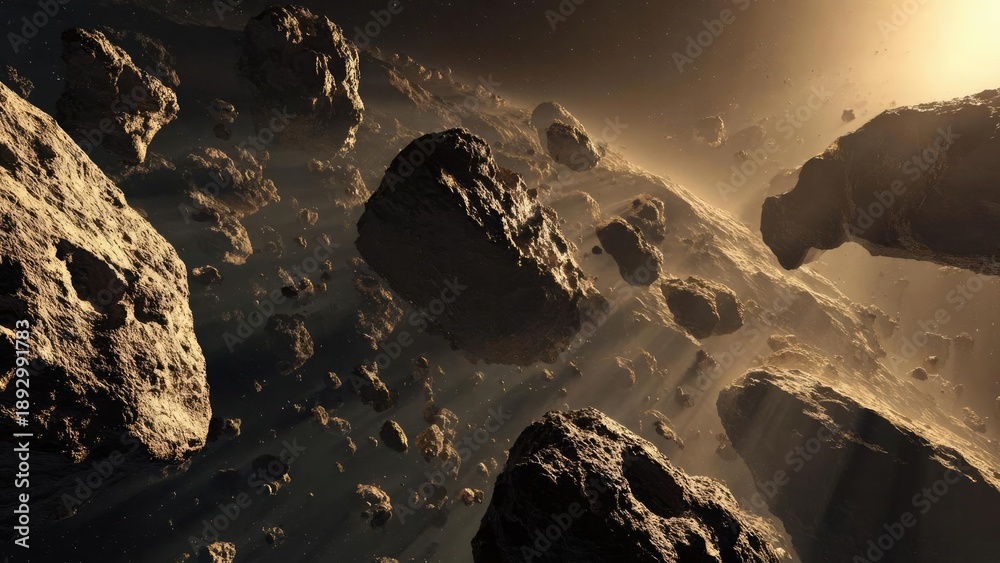 Fototapeta premium An asteroid field in space with numerous rocky bodies illuminated by sunlight. Concept Asteroid field, Sunlit rocky bodies, Interstellar debris, Space lighting and shadows, Cosmic depth