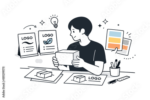 Packaging Design Process. Packaging design process. A person holding a simple box while comparing label options and color samples. Thoughtful creative work